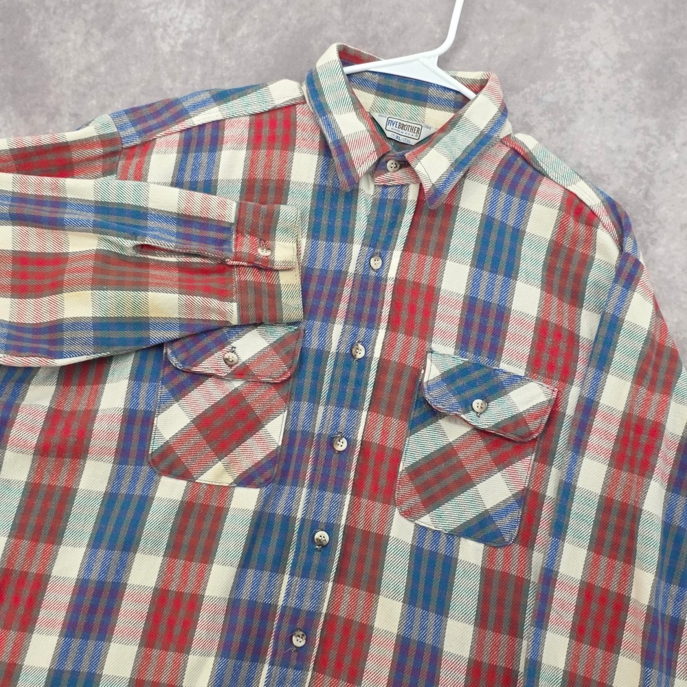Vintage Five Brother Plaid Flannel Shirt Mens XL Red Blue Heavyweight USA Made